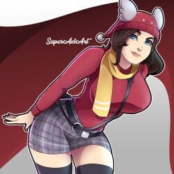 beanie belt big_breasts blue_eyes brown_hair christmas_hat fortnite fortnite:_battle_royale gray_skirt painted_nails red_hat red_sweater scarf skirt skye_(fortnite) superaxlart sweater thick_thighs thigh_high_boots thighhighs winter_wonder_skye_(fortnite) yellow_scarf