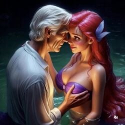 age_difference ai_assisted ai_generated ariel_(the_little_mermaid) breast_hold breast_squeeze breasts disney disney_princess hair_ornament holding_breast in_water kissing lifting long_hair loving_gaze medium_breasts mermaid mermaid_tail old_man older_male older_male_and_younger_female red_hair romantic shell_bra tagme the_little_mermaid_(1989_film) very_long_hair video water wet