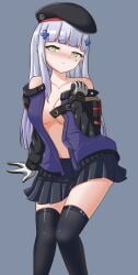 1girls black_stockings blue_hair blush breasts female girl's_frontline girls'_frontline green_eyes half-dressed half_naked hk416_(girls'_frontline) long_hair looking_at_viewer medium_breasts no_bra open_clothes otakuradish skirt standing tagme