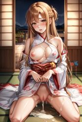 1girls after_sex ahe_gao ahe_gao ai_generated artsbuyu bangs blonde_hair blush breasts_out censored crown_braid cum cum_drip cum_in_pussy cum_inside cum_on_breasts embarrassed hair_between_eyes hi_res japanese_clothes kimono long_hair looking_at_viewer medium_breasts nipple open_mouth orange_eyes pussy sidelocks skirt_lift stable_diffusion sword_art_online wariza yuuki_asuna