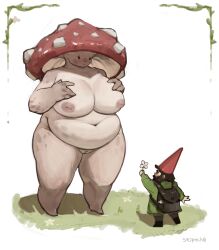 absurd_res ass backpack belly big_breasts big_butt black_backpack breasts clothing coat duo elemental_creature female fly_agaric fungi_fauna fungus genitals green_clothing green_coat green_topwear hat headgear headwear hi_res larger_female looking_at_another male mushroom mushroom_cap myconid not_furry nude plant pussy red_clothing red_hat red_headwear size_difference smaller_male solo standing stopych topwear