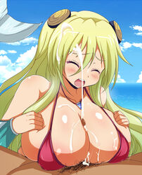 afuro blonde_hair blue_eyes breasts cum cum_on_body cum_on_breasts cum_on_upper_body female fuji-san large_breasts mermaid monster_girl muromi-san namiuchigiwa_no_muromi-san nipples nude outercourse paizuri pov pov_eye_contact pubic_hair swimsuit tagme uncensored