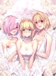 3girls ahoge alternate_costume arcueid_brunestud artoria_pendragon artoria_pendragon_(all) artoria_pendragon_(fate) bare_shoulders big_breasts blonde_hair blush braid breasts cleavage closed_mouth collarbone fate/grand_order fate/stay_night fate_(series) french_braid green_eyes hair_intakes hair_over_one_eye highres huge_boobs huge_breasts large_boobs large_breasts light_purple_hair long_hair looking_at_viewer mash_kyrielight medium_breasts multiple_girls open_mouth purple_eyes red_eyes saber_(fate) short_hair smile tsukihime type-moon untue wedding_dress