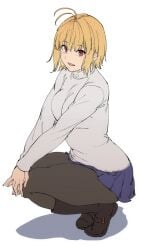 :d ahoge alp arcueid_brunestud big_breasts black_pantyhose blonde_hair boots breasts female full_body highres huge_breasts large_breasts long_sleeves looking_at_viewer medium_breasts open_mouth pantyhose plump red_eyes short_hair skirt smile solo sweater thick thick_thighs top_heavy tsukihime tsukihime_(remake) turtleneck underwear wide