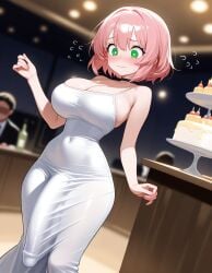 1girls ai_generated big_breasts blush bursting_breasts dress embarrassed futa_only futanari green_eyes huge_cock party penis_outline penis_under_clothes pink_hair short_hair small_waist tight_clothing wide_hips zynai