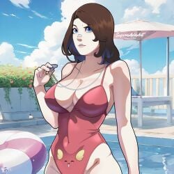 1girls big_breasts blue_eyes brown_hair female fortnite fortnite:_battle_royale light-skinned_female light_skin nose_bandage pool raised_eyebrow red_swimsuit skye_(fortnite) solo superaxlart swimsuit whistle whistle_around_neck