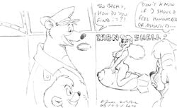 airplane anthro asthexiancal baloo bear breasts clothing dialogue disney english_text female frown furry kit_cloudkicker male mammal monochrome multiple_boys nipples nude open_mouth rebecca_cunningham smile talespin text vehicle