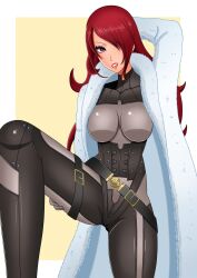 1girls 2d 2d_(artwork) alternate_costume atlus big_breasts black_bodysuit bodysuit breasts female female_only fur_coat large_breasts long_hair looking_at_viewer megami_tensei mitsuru_kirijo persona persona_3 persona_4_arena red_eyes red_hair rrl0215 simple_background solo thick_thighs