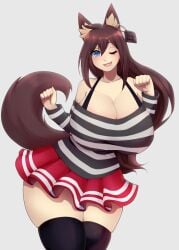 big_breasts blue_eyes brown_hair huge_breasts long_hair red_skirt striped_clothing winking_at_viewer wolf_ears wolf_girl wolf_tail