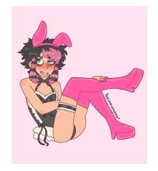 black_hair boots bunny_ears bunny_girl bunnysuit embarrassed emo garter goth goth_girl green_eyes latex latex_legwear makeup nervous nervous_smile nervous_sweat oc original original_character pink_hair playboy_bunny scene sh1mm3rspew