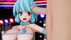 1boy 1girls 3d blue_bikini blue_eyes blue_hair covered_nipples grimoirexorcism heterochromia kogasa_tatara large_breasts looking_at_penis micro_bikini mmd mosaic_censoring open_mouth penis red_eyes short_hair tatara_kogasa touhou veiny_penis