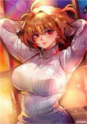 antenna_hair arcueid_brunestud arms_behind_head artist_name blonde_hair blush breasts closed_mouth commentary_request dated female highres jewelry large_breasts light_smile lips long_sleeves looking_at_viewer maewenmitzuki necklace pink_lips red_eyes ribbed_sweater short_hair single_hair_intake solo sweater tsukihime turtleneck turtleneck_sweater white_sweater