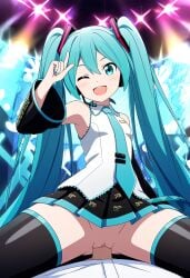 ai_generated black_sleeves blue_eyes blue_hair cowgirl_position cyan_eyes cyan_hair hatsune_miku long_hair nai_diffusion pointing_up sex skirt sleeveless_shirt straight thighhighs twintails vaginal_penetration