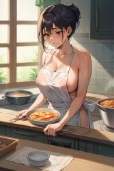 ai_generated apron apron_only aureola blush brown_eyes brown_hair cooking food kitchen large_breasts looking_down nipples nipples_visible_through_clothing ponytail see-through see-through_clothing sweat sweaty window window_light