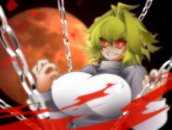 00s antenna_hair arcueid_brunestud ato_(bfj315) bags_under_eyes blonde_hair blood blood_splatter breasts chains covered_erect_nipples female full_moon grin hair_intakes impossible_clothes impossible_sweater large_breasts melty_blood moon red_arcueid red_moon sharp_teeth short_hair smile solo sweater teeth tsukihime turtleneck yellow_eyes