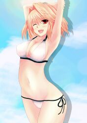 00s arcueid_brunestud armpits arms_up bad_id bad_pixiv_id bikini blonde_hair breasts cleavage face female hair_intakes highres kanogi large_breasts navel one_eye_closed red_eyes short_hair smile solo swimsuit tsukihime wink