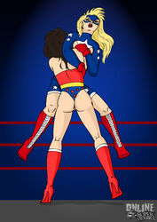 2girls ass bear_hug bearhug black_hair blonde_hair boxing_ring dc dc_comics female female_only fighting high_heel_boots justice_league knee_boots multiple_girls online_superheroes pussy sparring stargirl tagme unknown_artist wonder_woman wonder_woman_(series)