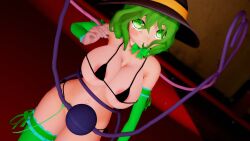 1girls 3d black_bikini black_hat green_eyes green_hair green_thighhighs grimoirexorcism heart_of_string koishi_komeiji komeiji_koishi looking_at_viewer micro_bikini mmd short_hair smile solo third_eye touhou