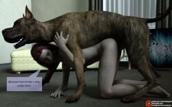 1animal 1girls 3d canine doggy_style domestic_dog english_text indoors nude on_floor red_hair sex size_difference speech_bubble sting3d zoophilia