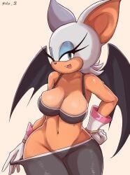 1girls :d absurd_res absurdres anthro artist_name bat bat_ears bat_wings big_breasts blue_eyes breasts chiropteran cleavage cowboy_shot eyelashes female furry gloves highres looking_at_viewer mobian_(species) navel no_panties open_mouth pants_pull rouge_the_bat simple_background smile solo sonic_(series) stripping sweat teasing toned twitter_username white_hair wide_hips wings yoga_pants yurilarsson