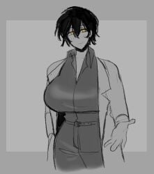 ayin_(lobotomy_corporation) big_breasts black_hair clothing labcoat lobotomy_corporation project_moon rule_63 sasusg tagme yellow_eyes