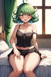 1girls ahoge ai_generated aimoonshine bangs bed bedroom black_camisole black_shorts blush collarbone cowboy_shot curly_hair curtains drawstring frilled_camisole frilled_shorts frilled_underwear frills green_eyes green_hair hand_on_own_thigh hand_on_thigh indoors knees knees_together lap_pillow_invitation legs_together looking_aside looking_to_the_side midriff_peek off_shoulder on_bed one-punch_man open_mouth pajamas pillow short_hair sitting sleepwear small_breasts solo strap_slip sunlight sweatdrop tatsumaki thick_thighs thighs tsundere wide_hips window