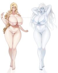 2girls black_eyes bleach bleach:_the_thousand-year_blood_war blonde blonde_female blonde_hair blonde_hair_female blue_eyes genderswap_(mtf) hands_in_hair hollow_(species) hollow_ichigo huge_breasts jugram_haschwalth k4onozeda04 looking_at_viewer multiple_girls quincy_(bleach) rule_63 sternritter thick_thighs thighs thighs_bigger_than_head undersized_clothing white_hair white_hair_female yellow_pupils zangetsu