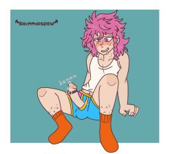 boxers danganronpa danganronpa_2:_goodbye_despair kazuichi_souda male_only messy_hair piercing pink_eyes pink_hair precum sh1mm3rspew sharp_teeth vibrator yaoi