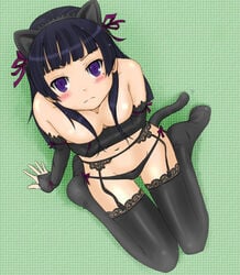 1girls animal_ears black_hair black_legwear black_thighhighs blush breast_press breasts cat_ears cat_tail cleavage elbow_gloves female fingerless_gloves from_above garter_belt gloves gokou_ruri hair_ribbon hairband kuroku lingerie long_hair looking_up mole my_little_sister_can't_be_this_cute ore_no_imouto_ga_konna_ni_kawaii_wake_ga_nai panties purple_eyes ribbon sitting smile solo tail thighhighs underwear