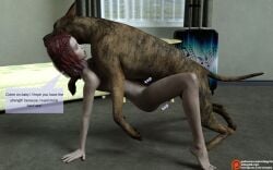 1animal 1girls 3d arm_support braided_hair canine domestic_dog english_text indoors missionary_position nude on_floor red_hair sex sound_effects speech_bubble sting3d zoophilia