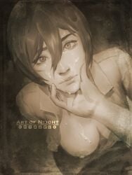 4k attack_on_titan big_breasts black_hair cum cum_on_face high_resolution highres kneeling looking_back mikasa_ackerman neight nipples on_knees one_breast_out patreon sepia short_hair topless