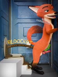 3d_(artwork) absurd_res against_door against_surface anthro blender_(software) blender_cycles bloated brown_body brown_eyebrows brown_fur canid canine dialogue digital_media_(artwork) digitigrade disney door english_text eyebrows feces fox fur genitals green_eyes hi_res kenresek knot looking_pleasured male mammal nick_wilde onomatopoeia orange_body orange_fur penis poop portapotty raised_tail red_penis rumbling_stomach scat solo sound_effects tail text toilet_paper toilet_use zootopia