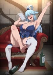 1girls aqua_(konosuba) armpits blue_eyes blue_hair bottomless bottomless_skirt breasts drunk feet female female_only huge_breasts kono_subarashii_sekai_ni_shukufuku_wo! light-skinned_female light_skin long_hair miniskirt naughty_face no_panties ponpo skirt solo steam steaming_body thick_thighs waving