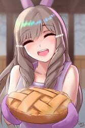 1girls apron apron_only bangs bare_arms brown_hair ciderwrath female female_only fire_emblem fire_emblem_awakening food hair_ornament happy indoors light-skinned_female light_skin long_hair naked_apron nintendo open_mouth pie smile solo sumia_(fire_emblem) very_long_hair