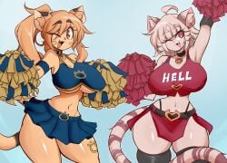 2girls big_breasts breasts cheerleader cheerleader_uniform felis_(lucyfercomic) female furry goya_(lucyfercomic) lucyfercomic original original_character tagme thick_thighs wide_hips