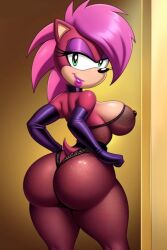 ai_generated ass bikini breasts confused fishnet_stockings fishnets hair lips lipstick looking_back outside pink round_ass seductive sonia_the_hedgehog sonic_(series) sonic_the_hedgehog sonic_the_hedgehog_(series)