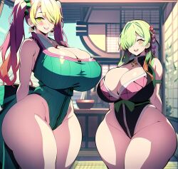 2girls ai_generated apple_green_eyes apple_green_hair big_breasts breast_size_difference breasts bulging_breasts cleavage clothed_female female female_only front_view green_hair hair_over_eye hair_over_one_eye hair_tie height_difference hips huge_breasts human impossible_clothes japanese_architecture japanese_house leotard love_handles mature mature_female multicolored_hair pelvic_line pink_hair scrunchie solo standing thick thick_thighs thighs twintails two_tone_hair voluptuous voluptuous_female wide_hips wide_thighs yellow_eyes