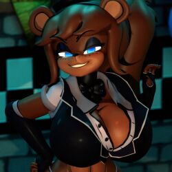 1robot_girl 3d bear_ears blue_eyes boob_window cleavage female five_nights_at_freddy's freddy_(fnaf) fredina's_nightclub fredina_(cally3d) frenni_(cryptia) frenni_fazclaire long_hair looking_at_viewer ponytail robot_humanoid rule_63 shocking_(artist) solo