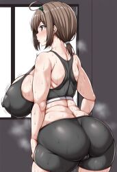 1girls ai_generated ass bike_shorts brown_eyes brown_hair cameltoe cleavage covered_nipples female huge_ass huge_breasts jema_(style) low_ponytail original plump self_upload skindentation sports_bra steam steaming_body sweaty thick_thighs