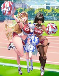 3girls bay_(nikke) big_breasts breasts cheerleader cheerleader_outfit cheerleader_uniform chocolate_and_vanilla clay_(nikke) goddess_of_victory:_nikke mole navel poli_(cheer_up_police)_(nikke) poli_(nikke) pompoms screenshot size_difference tanline tanned yuri