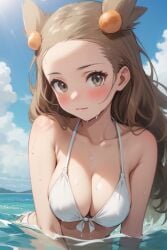 ai_generated beach bikini breasts gym_leader jasmine_(pokemon) jasmineolivine looking_at_viewer partially_submerged pokemon pushing_breasts_together suggestive suggestive_look suggestive_pose white_bikini