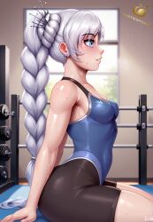 ai_generated black_shorts gym gym_clothes jlullaby_(style) leotard rwby solo sweat sweating tagme twistedpeach weiss_schnee