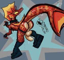 1boy anthro boots collar dinosaur femboy feminine_male fingerless_gloves fish fishnet_stockings fishnets furry godzilla_(series) knee_boots marine mustard_gollum rear_view scalie sissy solo solo_male stockings titanosaurus wet