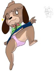 absurd_res animal_crossing anthro bottomwear bulge clothed clothing clothing_lift crossdressing digby_(animal_crossing) female hi_res isabelle_(animal_crossing) looking_at_viewer male nintendo one_eye_closed panties panties_bulge pink_clothing pink_panties pink_underwear presenting skirt skirt_lift tappytrails underwear wink winking_at_viewer