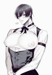 1boy big_breasts blush breasts_out busty busty_boy butler censored gay heart male male_only male_with_breasts ribbon sketch solo solo_male standing tktetkt