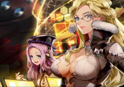 2girls amy_chrysanthemum beret blonde_hair blue_eyes bow breasts coat female female_only fur_trim god_eater god_eater_3 hairbow hat headphones highres hilda_henriquez large_breasts lips long_hair looking_at_viewer milf monocle multiple_girls open_mouth parted_bangs pink_hair simple_background smile tarutaru_yamaoka tied_hair upper_body