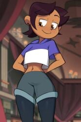 belly_exposed brown_eyes clothed_female clothes crop_top dark-skinned_female dominican fully_clothed hips latina leggings luz_noceda newguy1091 short_hair shorts solo tan-skinned_female the_owl_house