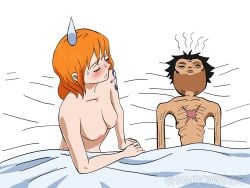 1boy 1girls after_sex areolae bedroom big_breasts black_hair exhausted female guy_tired_after_sex_(meme) light-skinned_female light-skinned_male long_hair male meme mexico_alien monkey_d_luffy nami nami_(one_piece) nipples one_piece orange_hair post-timeskip shampowrado short_hair sweatdrop