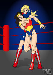 2girls black_hair blonde_hair boxing_ring breast_cutout breasts choke_hold courtney_whitmore dc dc_comics female female_only fighting high_heel_boots knee_boots multiple_girls nipples online_superheroes pussy pussy_cutout sleeper_hold sparring stargirl tagme unknown_artist wonder_woman wonder_woman_(series)