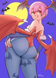 1girls 2024 :q ass bat_print blue_pantyhose capcom darkstalkers female female_only full_moon gauntlets head_wings hi_res leotard lilith_aensland looking_at_viewer looking_back looking_back_at_viewer pantyhose purple_hair rear_view red_eyes smiling smiling_at_viewer solo succubus succubus_wings thick_ass thick_thighs topsie_turvy wings